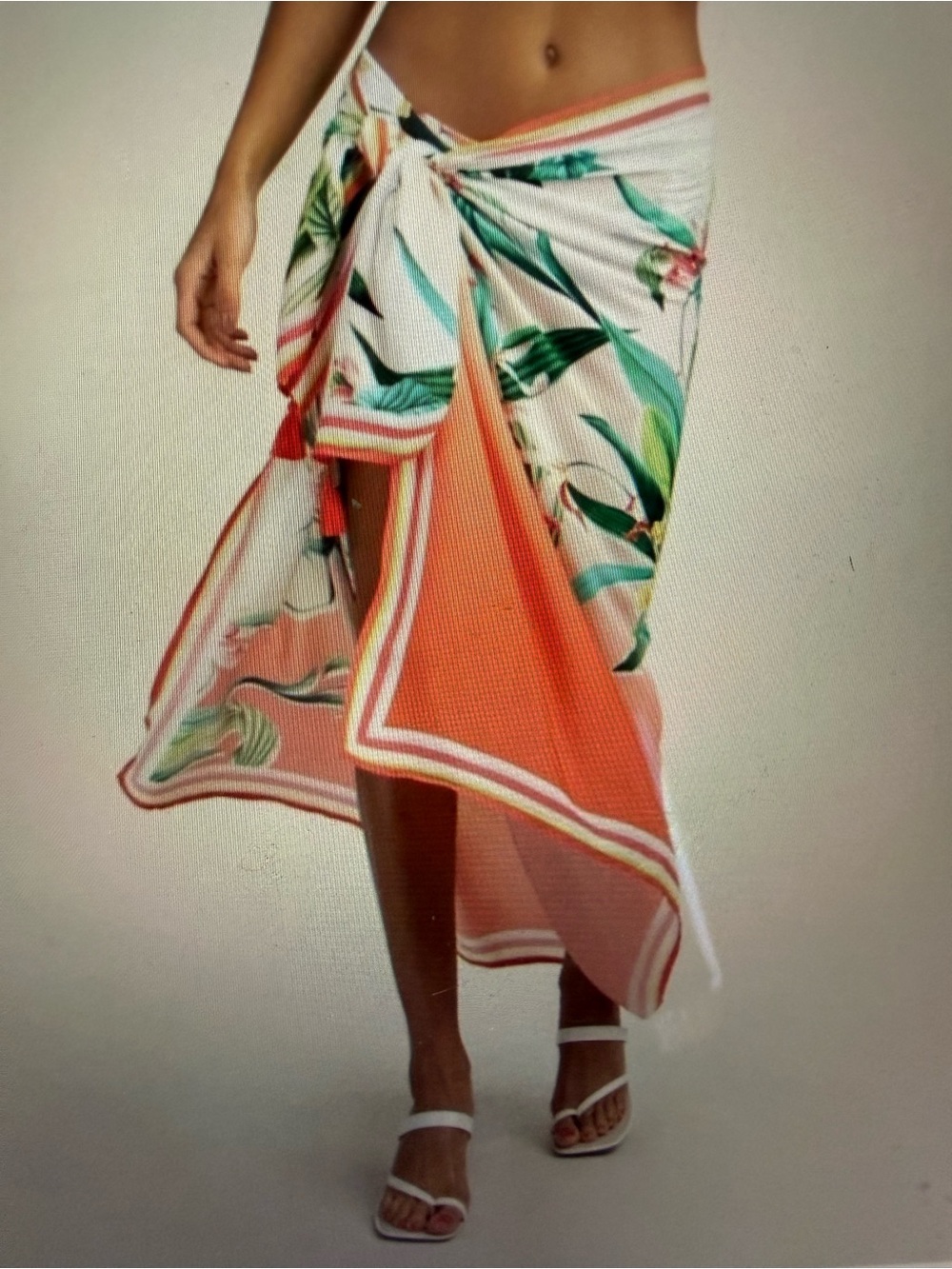 Trina Turk Coral and Green Tropical Leaf Swim Sarong Wrap - Picture 3 of 3